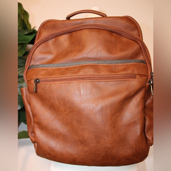 Bugatti Valentino Brown Cognac Vegan Leather Laptop Travel Backpack - Picture 3 of 15